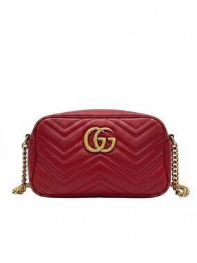 Authentic Gucci GG Marmont Small Camera Bag Hibiscus Red Matelassé Calfskin